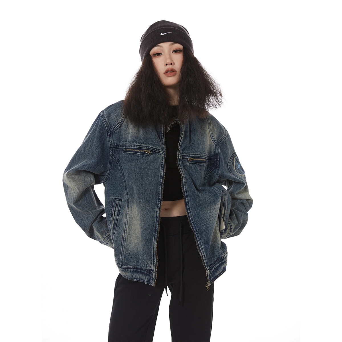 花蔓色 美式复古做旧水洗刺绣潮流宽松情侣牛仔外套 女款