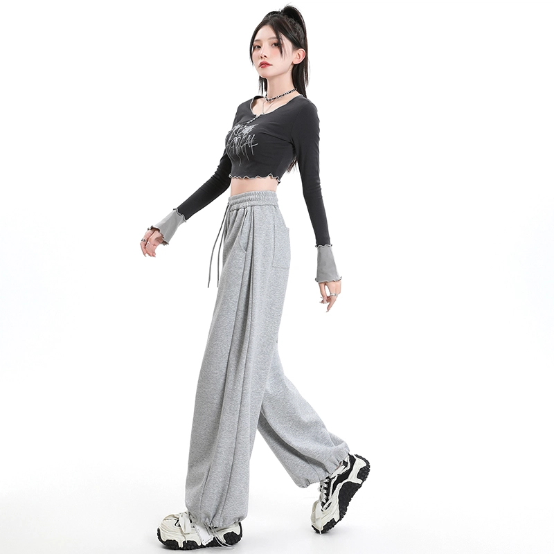 玫丝朵 宽松阔腿裤高腰抽绳束脚休闲裤 女款