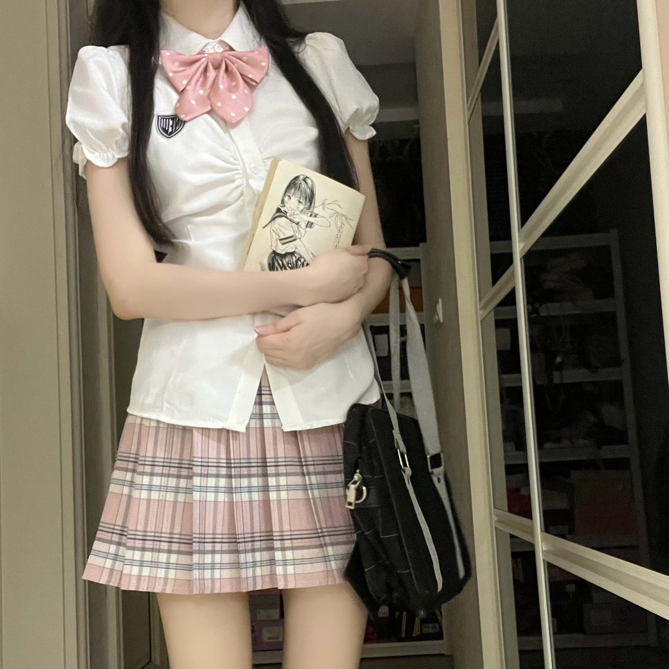 花山家的猫 学院风毕业装尖领泡泡袖收腰短袖衬衫百褶裙带领结制服 女款