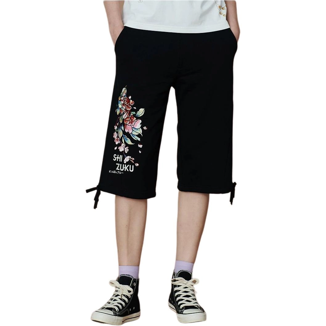 鬼洗 初花印绣花休闲短裤 女款 黑色