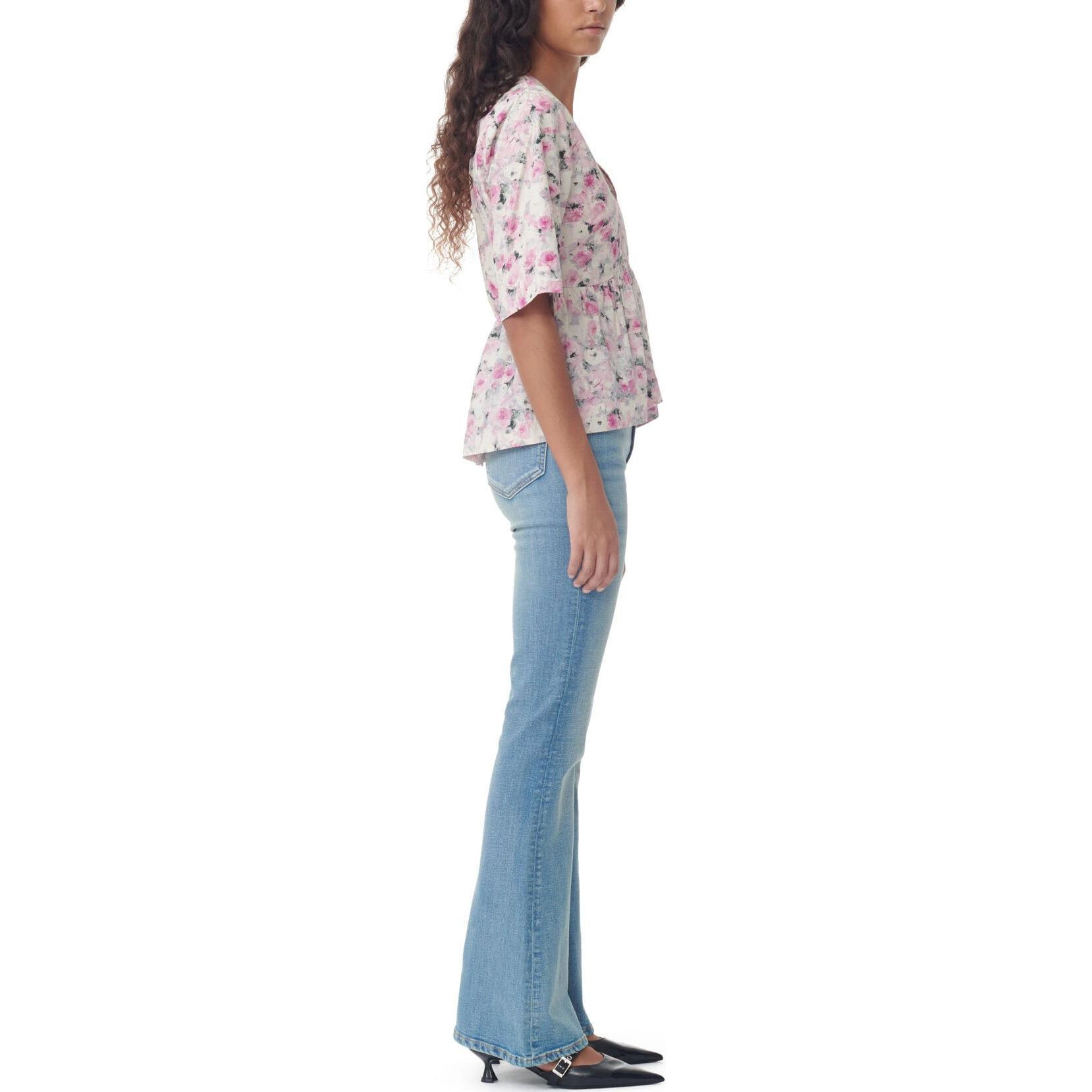 GANNI Printed Cotton V-Neck Peplum Blouse V