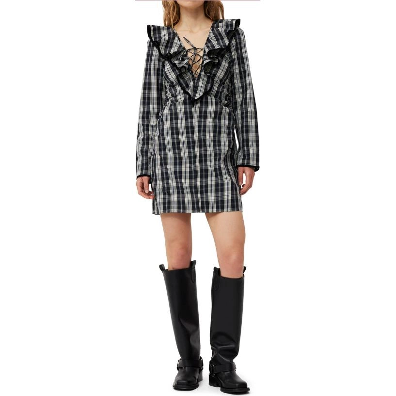GANNI Checkered Cotton Ruffle V-Neck Mini Dress V