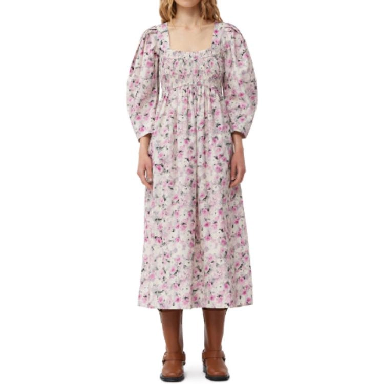 GANNI Printed Cotton Open-Neck Smock Long Dress