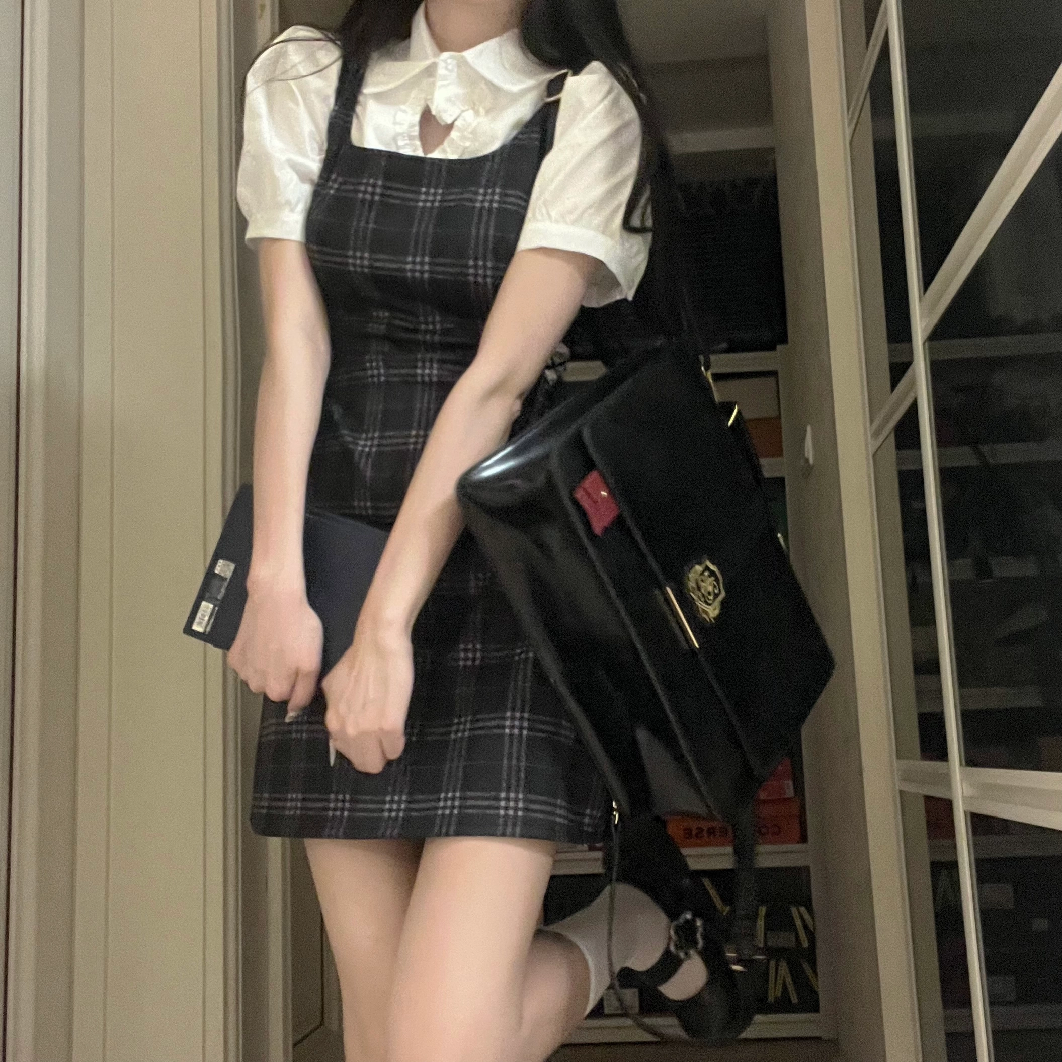 花山家的猫 爱心镂空短袖衬衫收腰连衣裙显瘦制服套装 女款