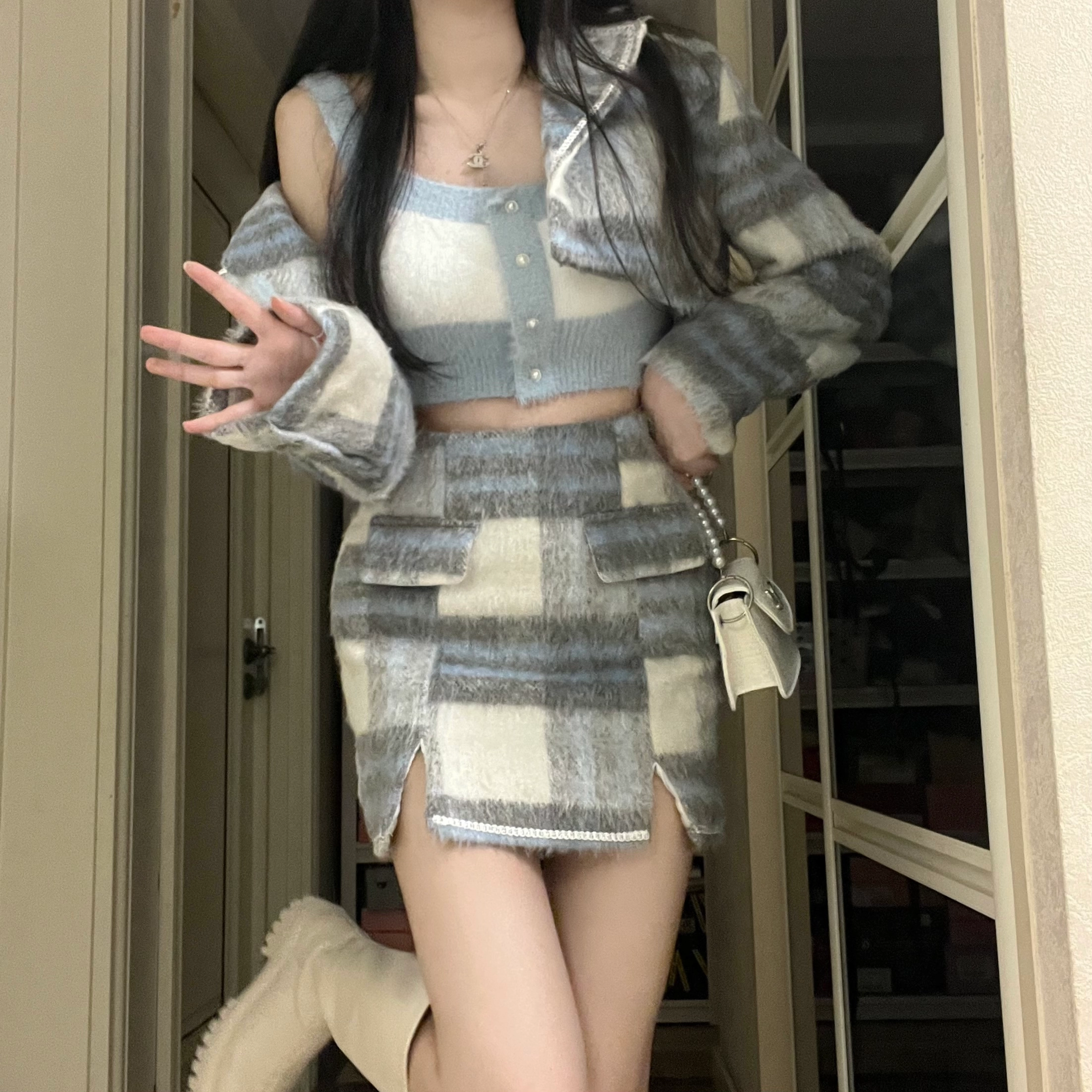 花山家的猫 小香风毛呢格子长袖外套格子短裙制服 女款