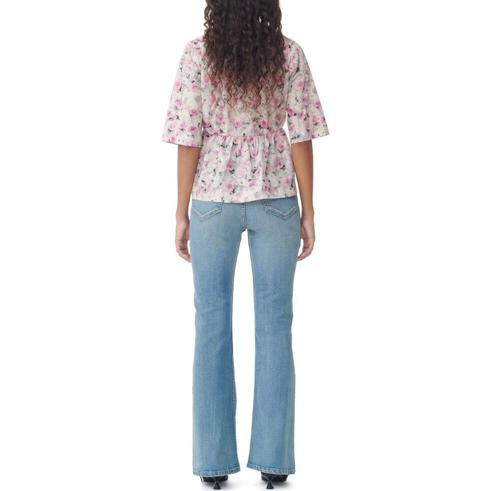 GANNI Printed Cotton V-Neck Peplum Blouse V