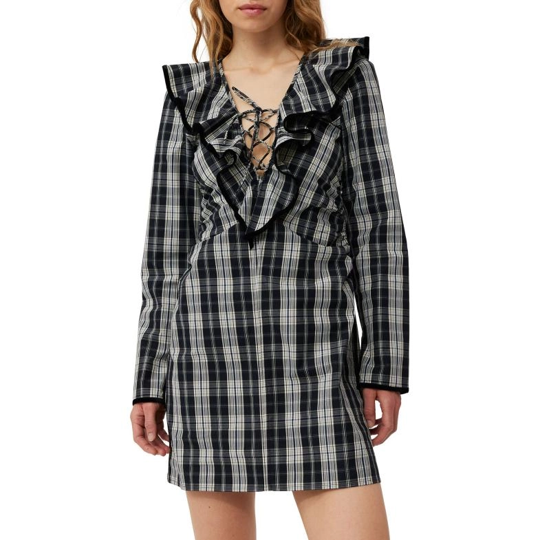 GANNI Checkered Cotton Ruffle V-Neck Mini Dress V