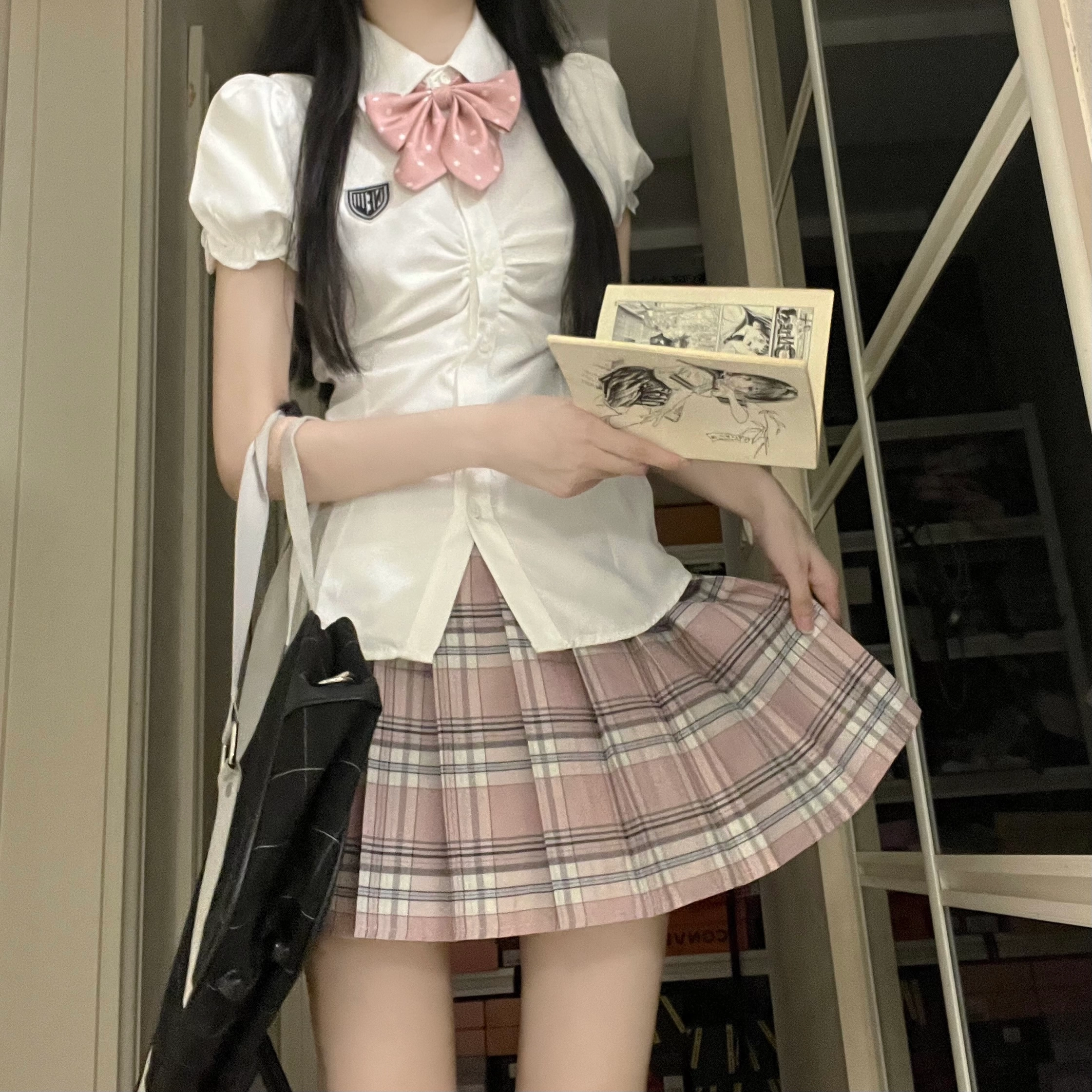 花山家的猫 学院风毕业装尖领泡泡袖收腰短袖衬衫百褶裙带领结制服 女款