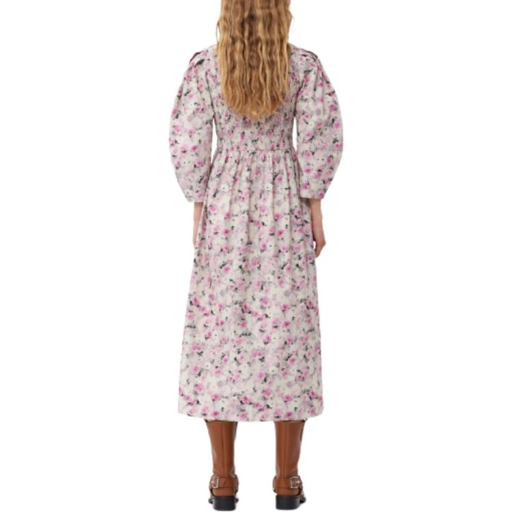 GANNI Printed Cotton Open-Neck Smock Long Dress