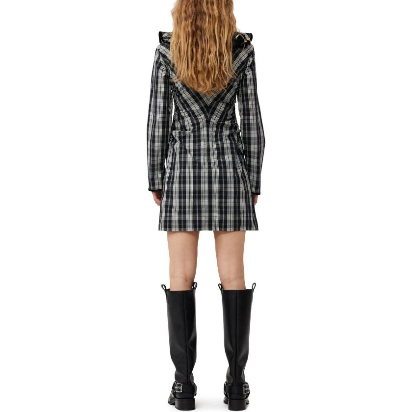 GANNI Checkered Cotton Ruffle V-Neck Mini Dress V
