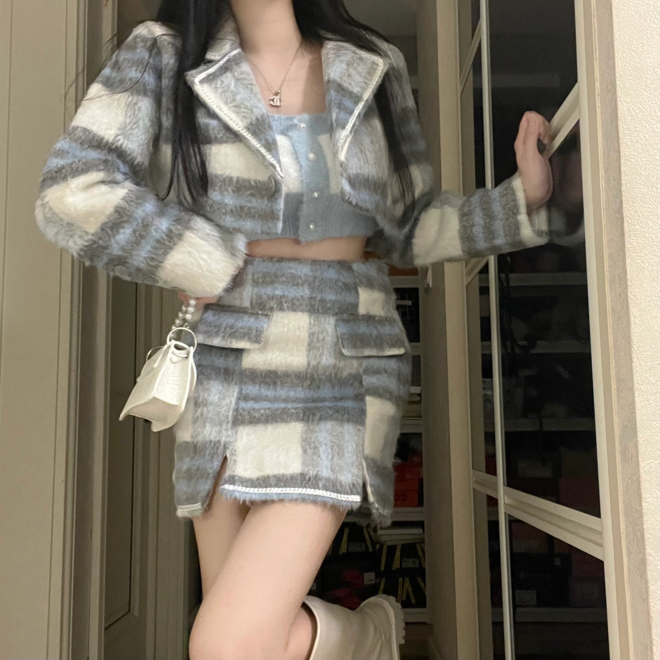 花山家的猫 小香风毛呢格子长袖外套格子短裙制服 女款