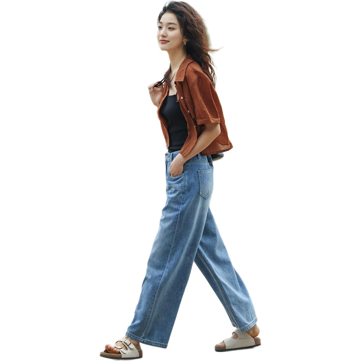 【dme】 纯色方领纽扣宽松短款开衫短袖衬衫 女款 橘红色