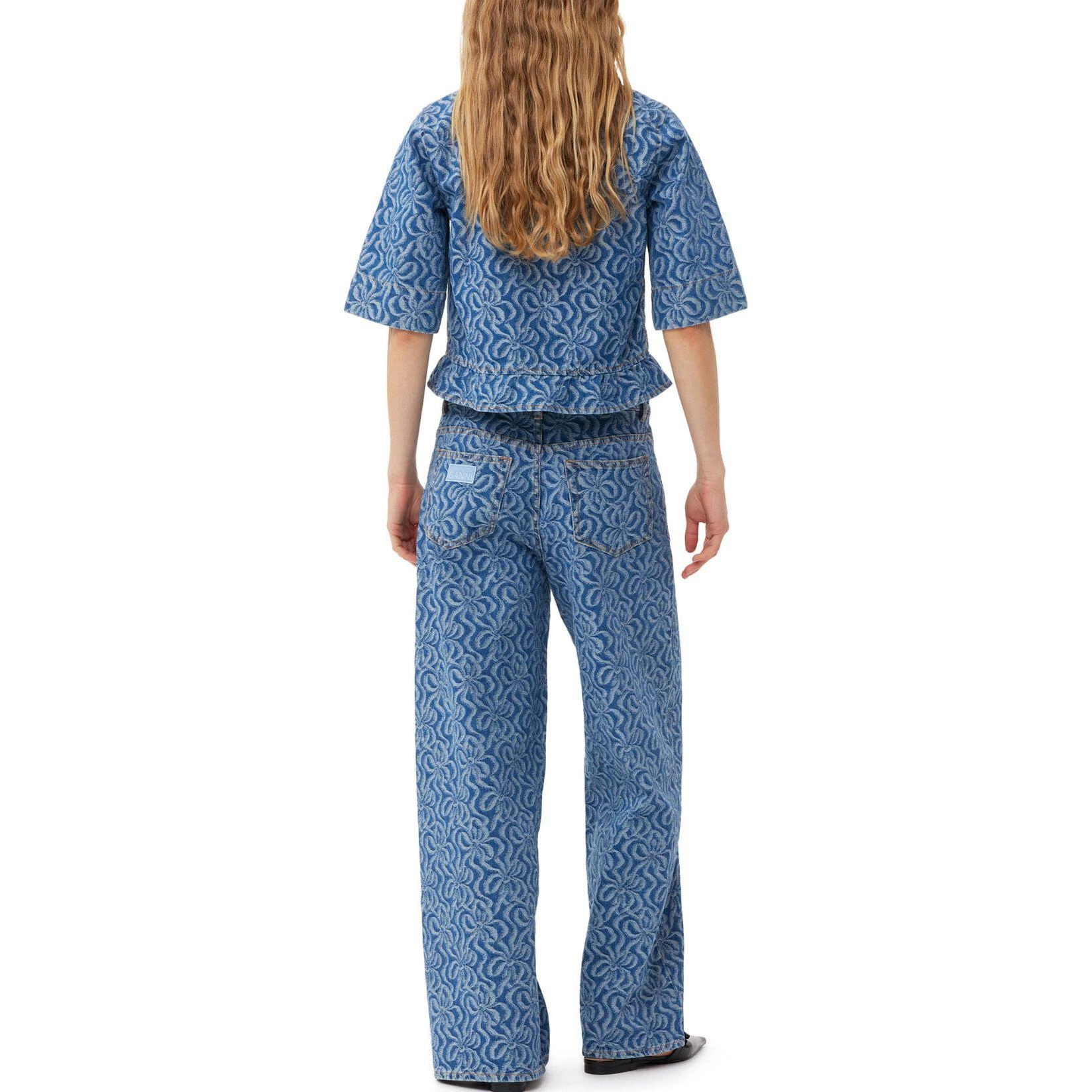GANNI Acquard Denim Flounce Tie Blouse V