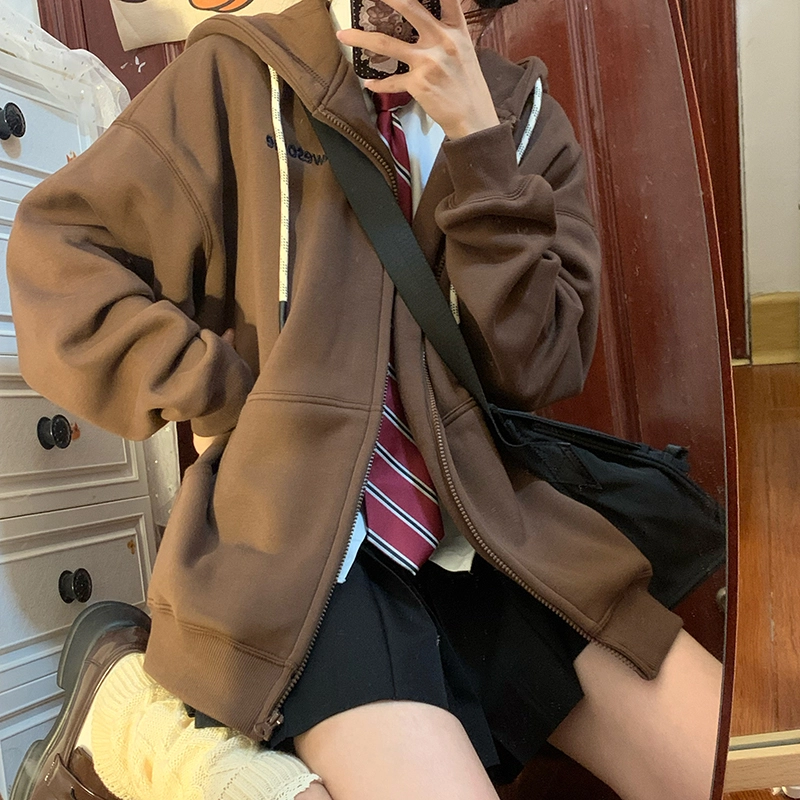 东鲸岁时记 纯色拉链宽松字母刺绣加绒开衫连帽卫衣 女款