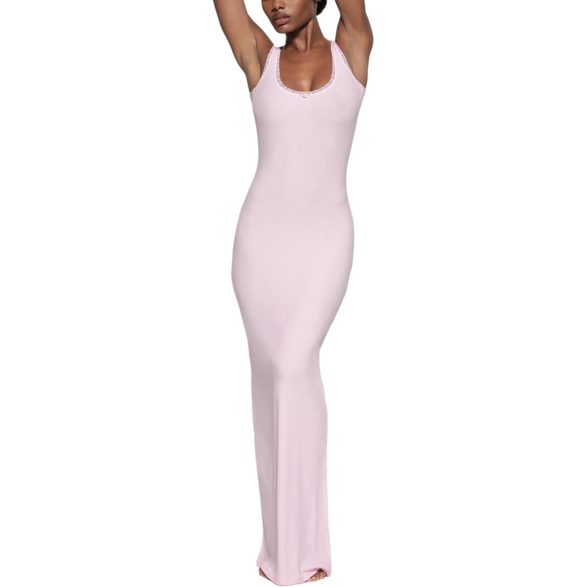 SKIMS SOFT LOUNGE LACE SCOOP NECK DRESS CHERRY BLOSSOM