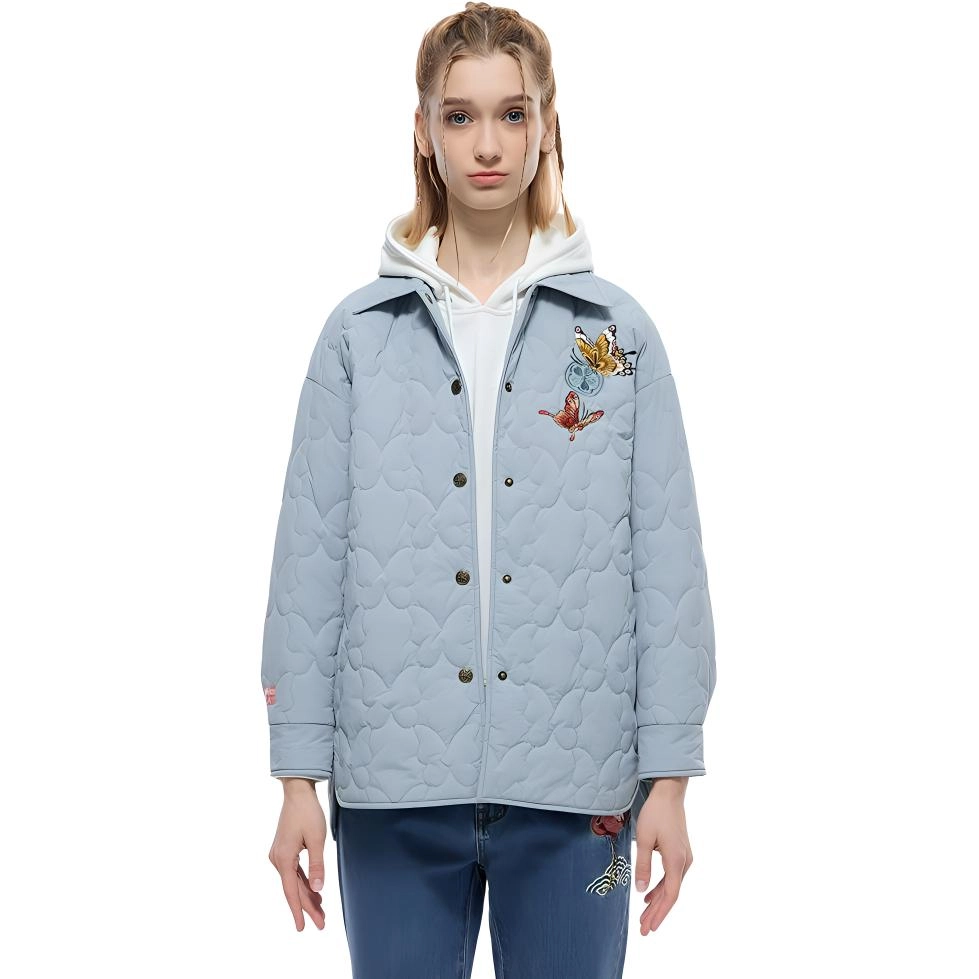 鬼洗 纯色动物薄款衬衫领单排扣长袖棉服 女款