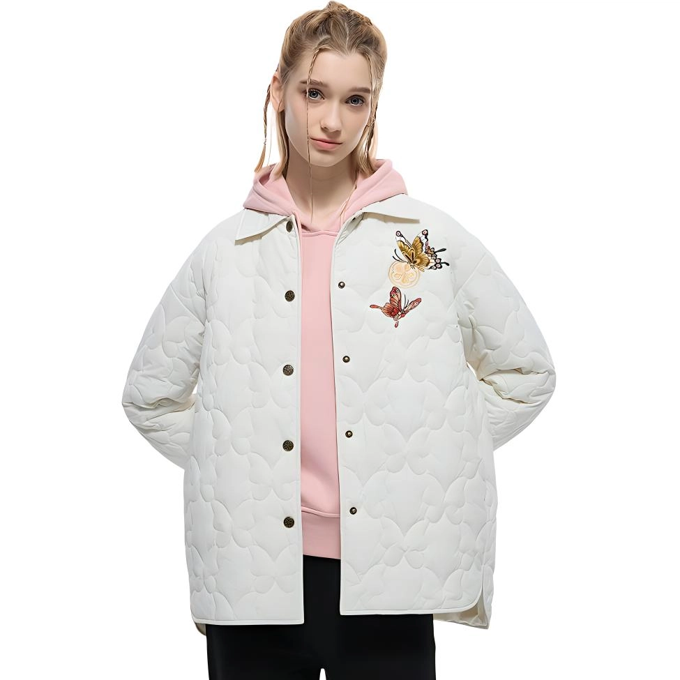鬼洗 纯色动物薄款衬衫领单排扣长袖棉服 女款