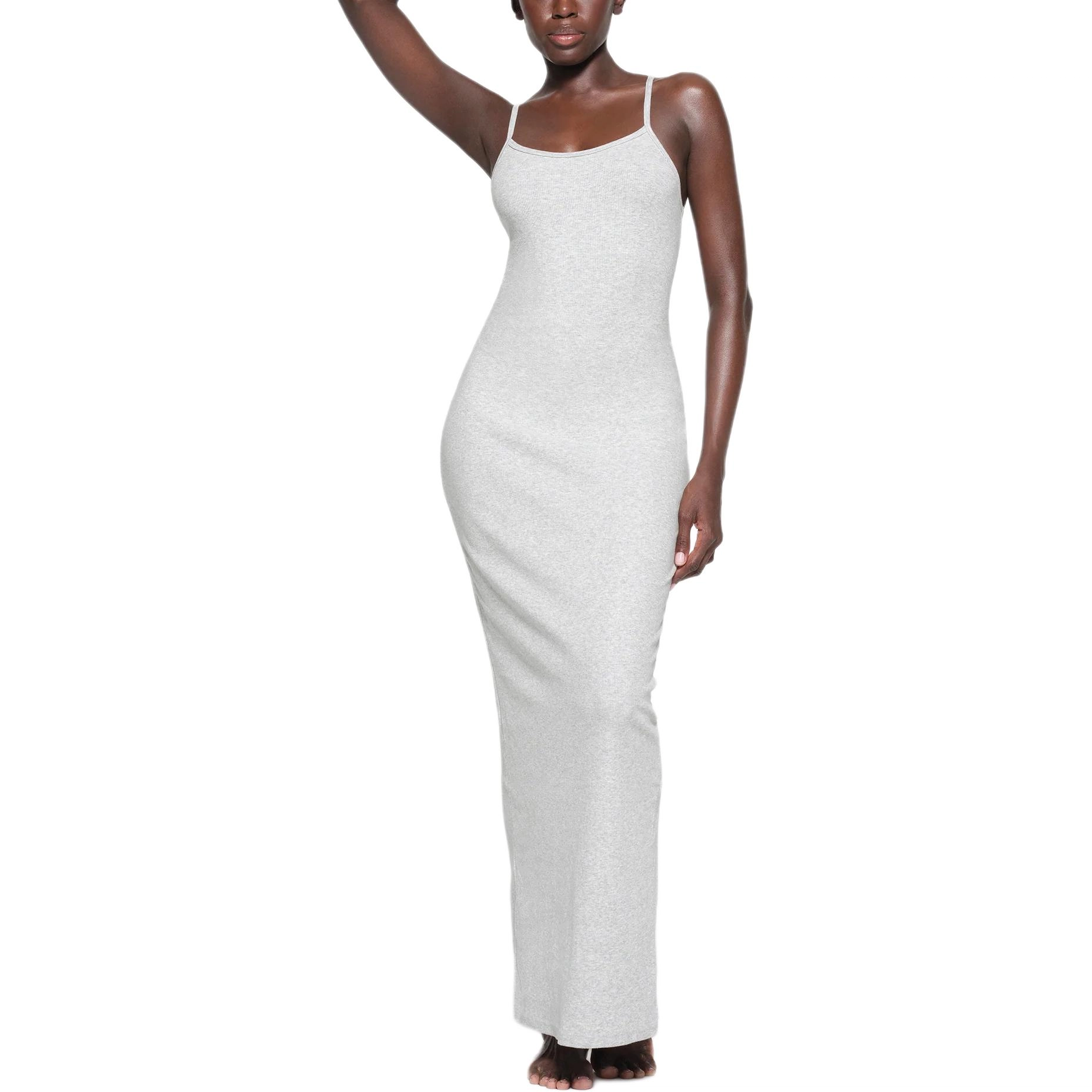 SKIMS SS24 COTTON RIB LONG CAMI DRESS LIGHT HEATHER GREY