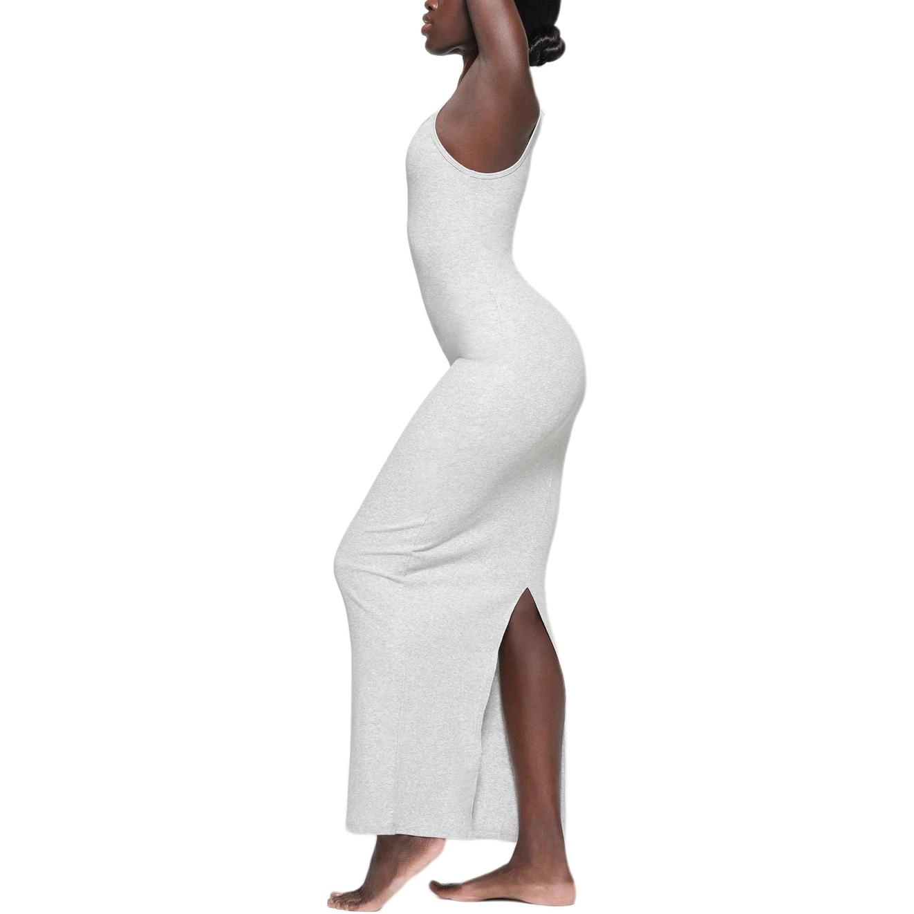 SKIMS SS24 COTTON RIB LONG CAMI DRESS LIGHT HEATHER GREY
