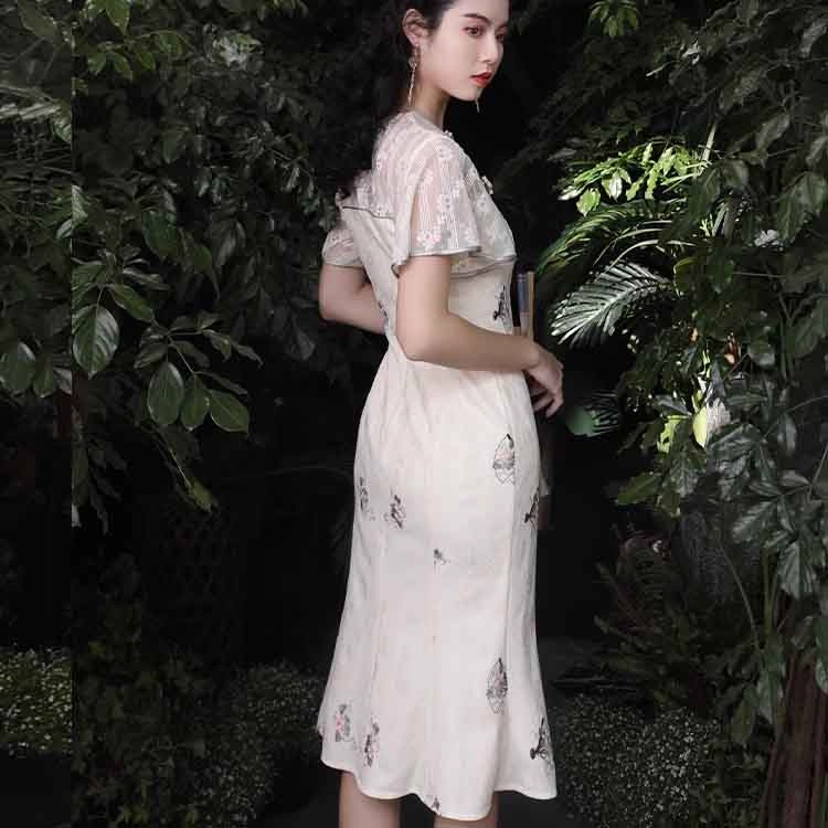 槿爷东方 刺绣胸口镂空设计新式改良旗袍鱼尾短袖连衣裙 女款 米色