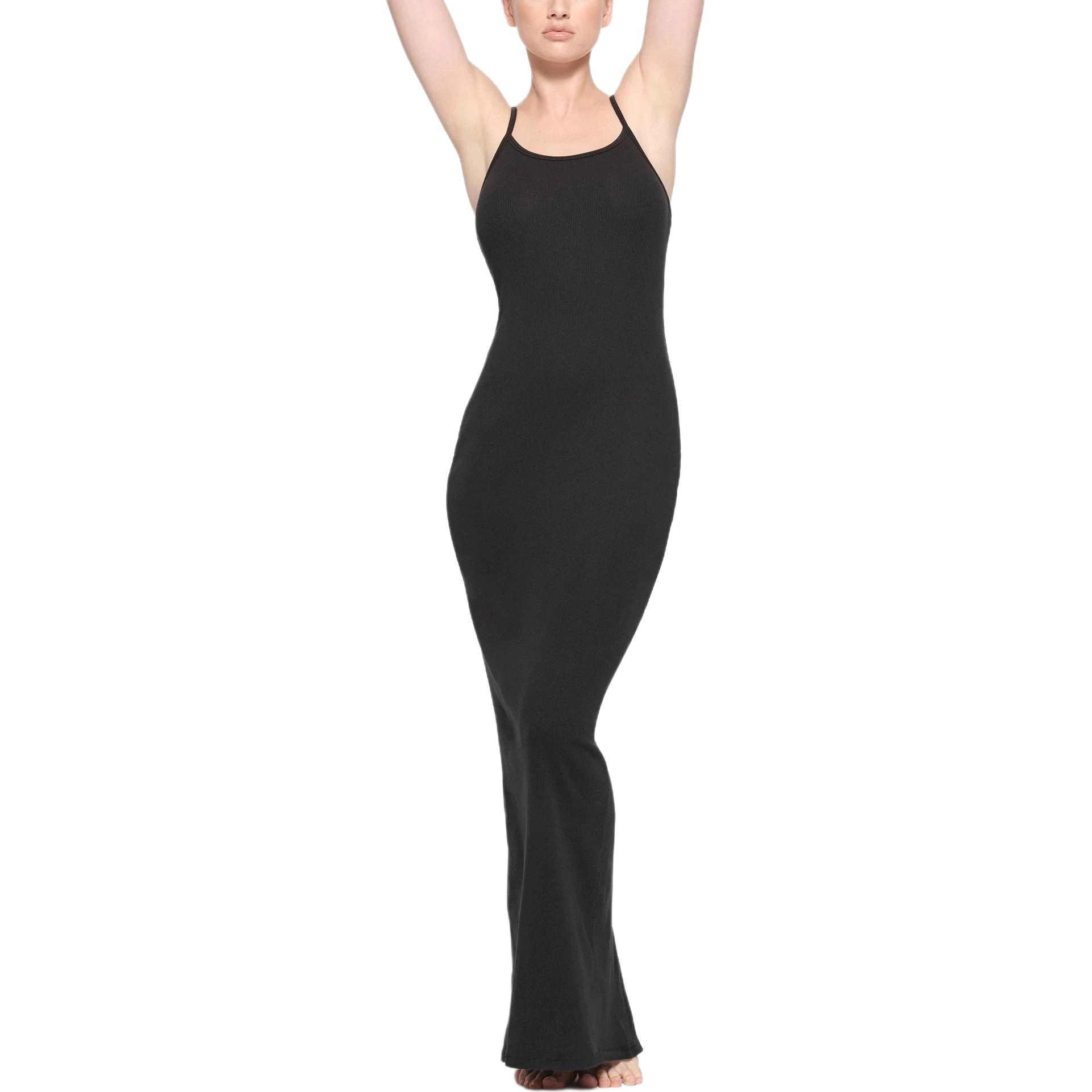 SKIMS SS24 COTTON RIB LONG CAMI DRESS SOOT