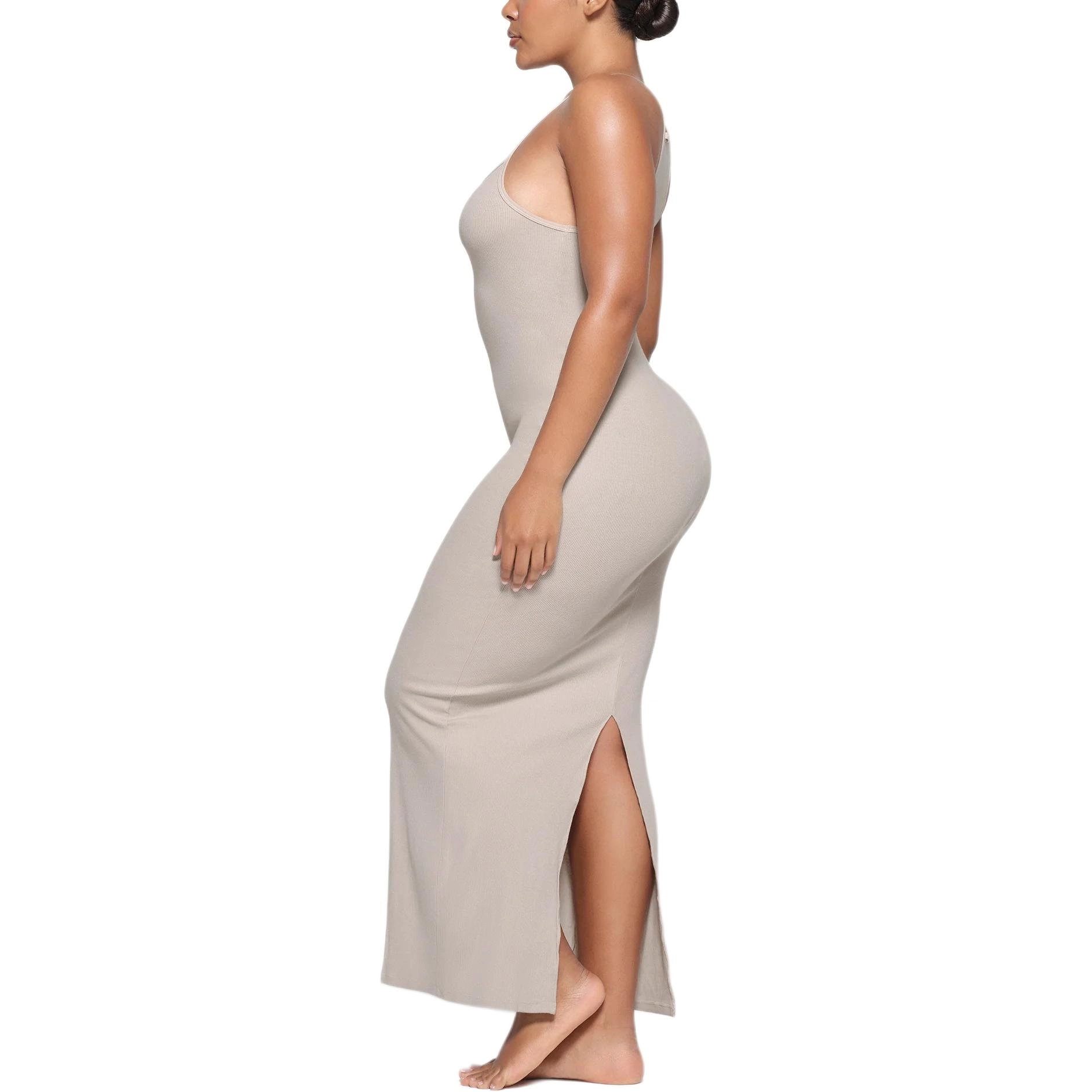 SKIMS SS24 COTTON RIB LONG CAMI DRESS STONE