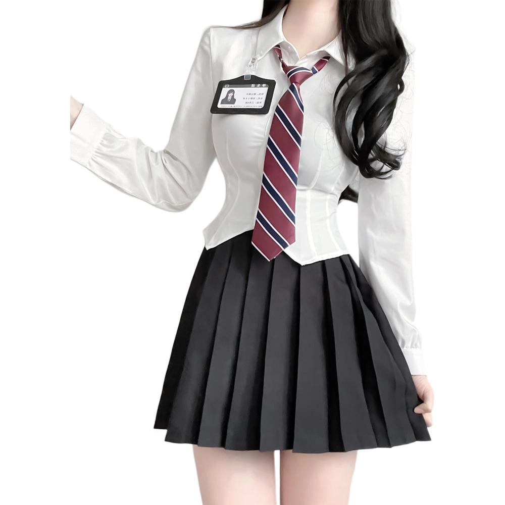 御茶家 学院风单排扣长袖衬衫纯色百褶裙制服套装 女款