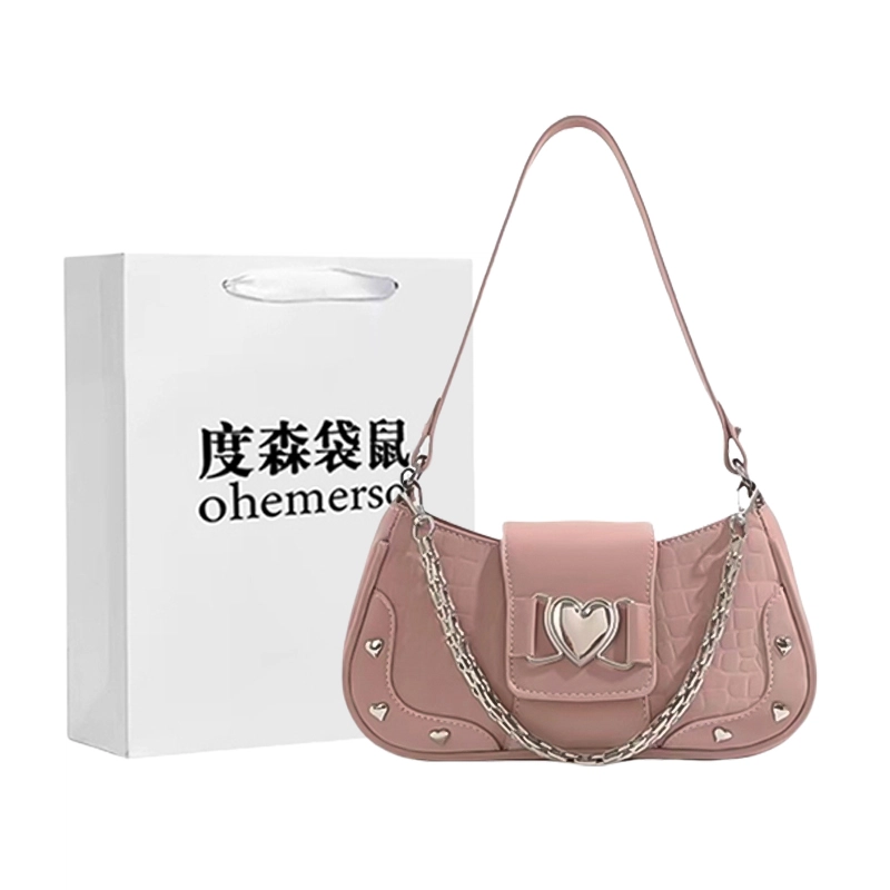 度森袋鼠 甜酷少女拉链开合百搭手提包爱心包单肩包 精选面料 斜挎包 常规 女款 肩带可调节款粉色