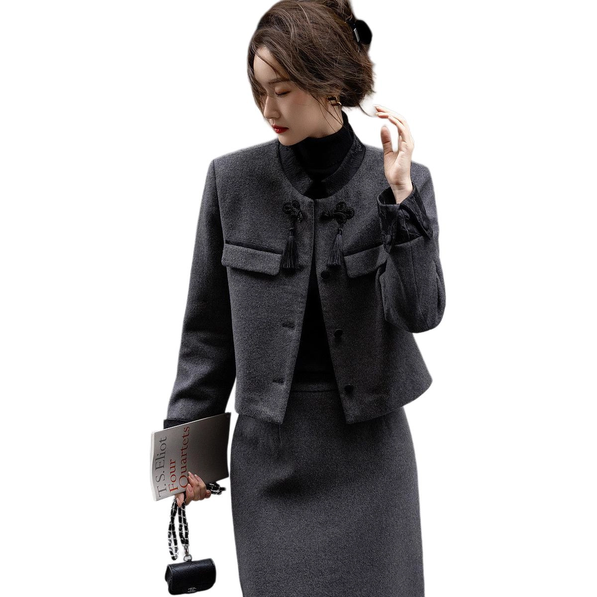 【dme】 纯色时尚半高领单排扣长袖大衣 女款 灰色