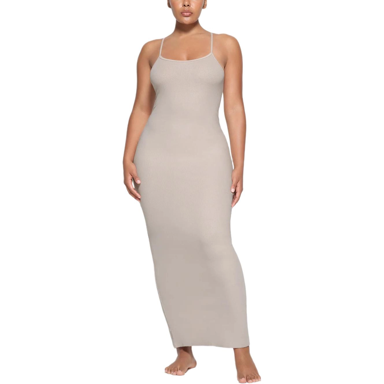 SKIMS SS24 COTTON RIB LONG CAMI DRESS STONE