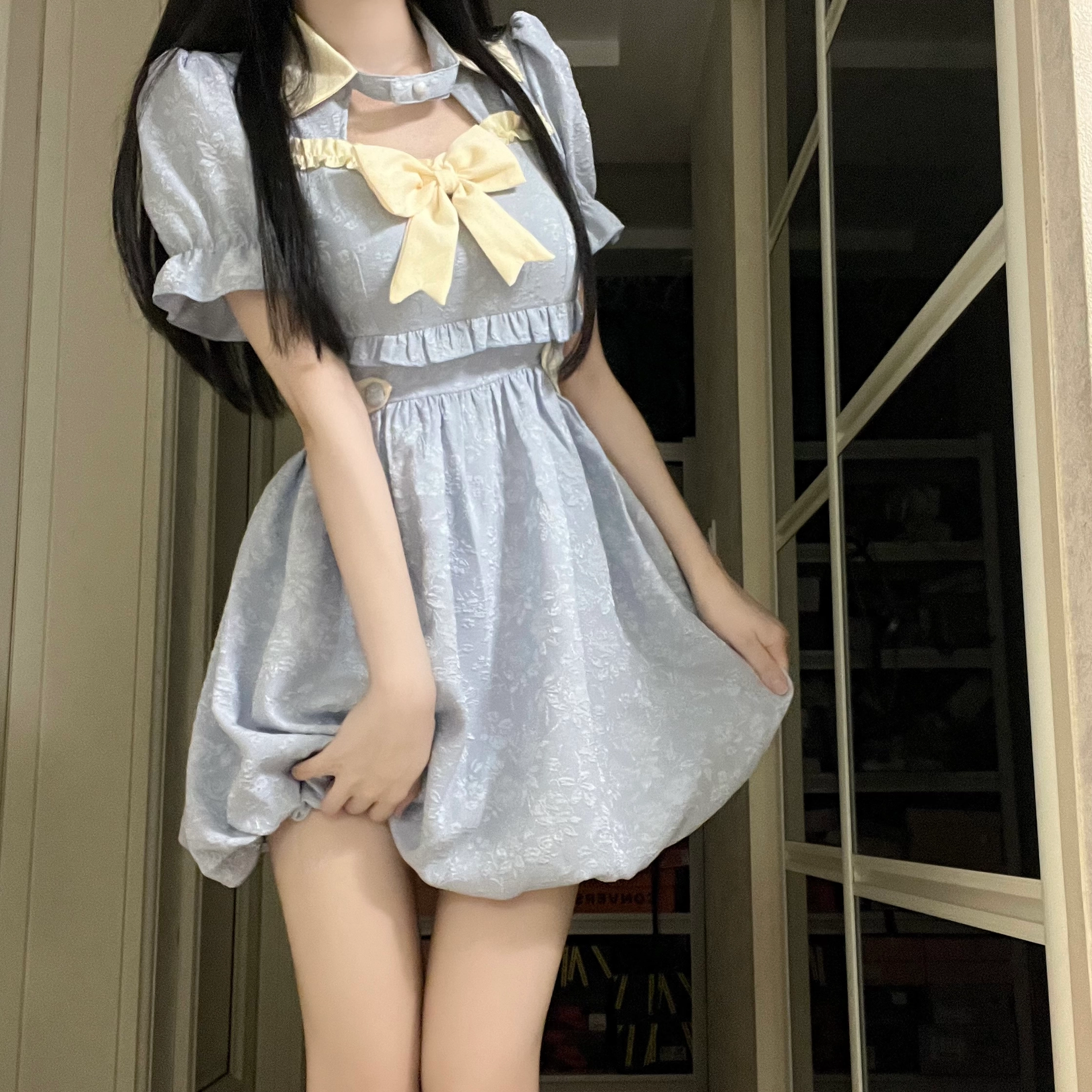 花山家的猫 收腰衬衫领拼色修身短款短袖连衣裙 女款 蓝色