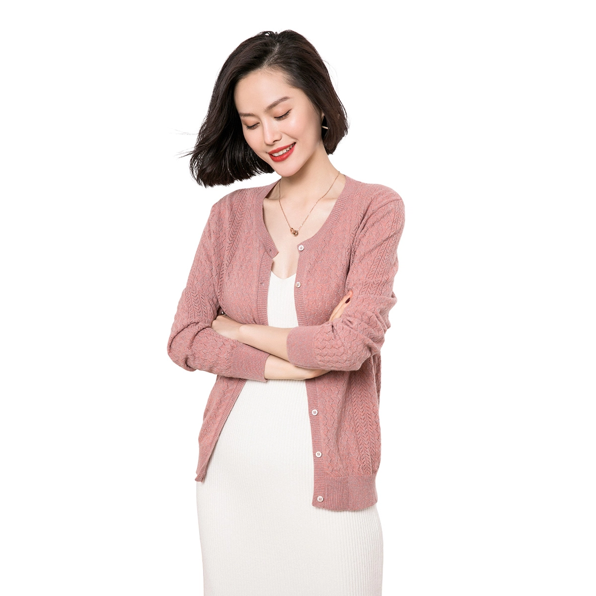 恒源祥 纯色单排扣镂空长袖针织衫 女款