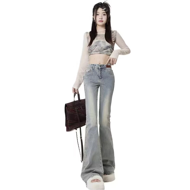 玉儿恋 美式泥染随性弹力修身基础款柔软舒适显瘦微喇百搭水洗拉链辣妹提臀马蹄怀旧复古牛仔裤秋冬 女款 黄泥