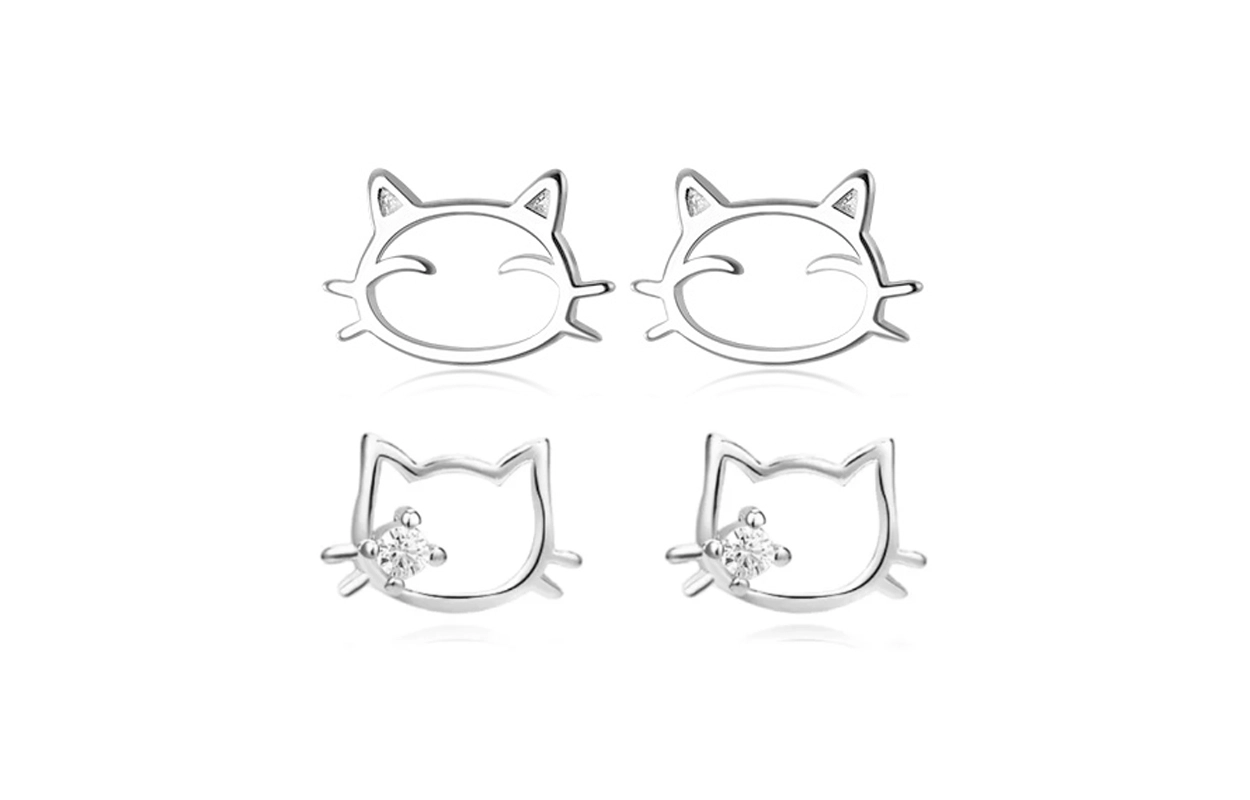 尚银福 镂空猫咪 冷淡风轻奢小众设计感 简约时尚甜美可爱卡通喵星人 合金 耳钉 女款