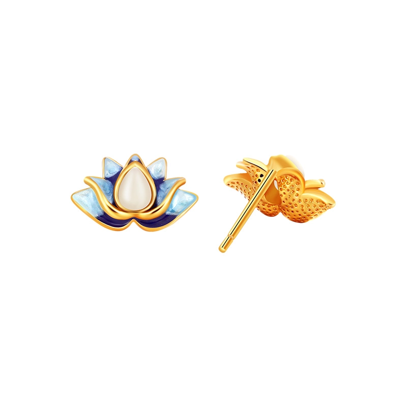 老银匠 莲花 新中式复古风 和田玉耳钉 白玉/青白玉 女款