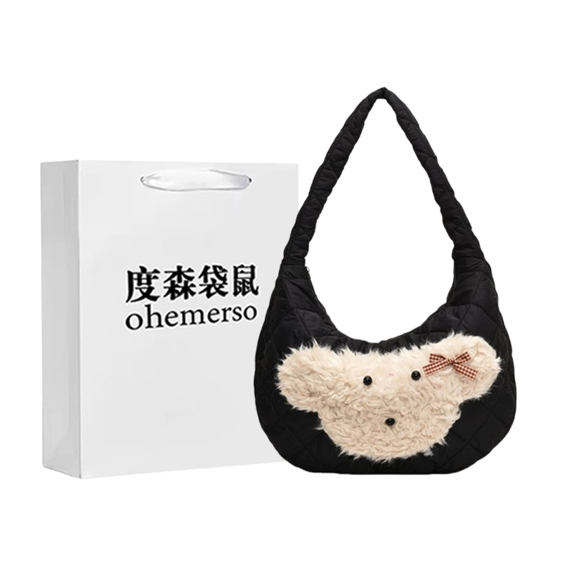 度森袋鼠 卡通动漫小狗可爱休闲复古上课通勤大容量轻便 尼龙布 单肩包 常规 女款 黑色/白色