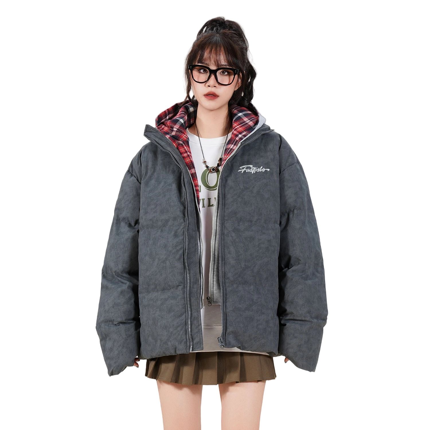 快鱼 美式高街复古百搭穿搭休闲宽松假两件棉服 男女同款 深灰色（红格）