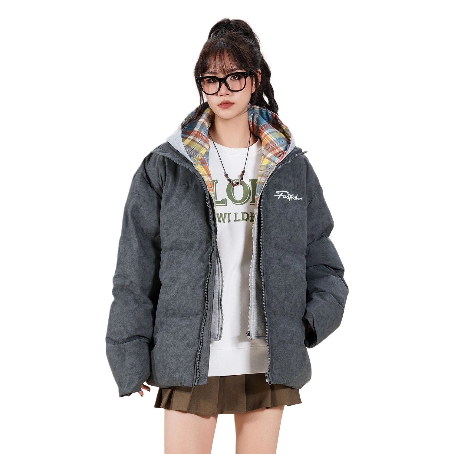 快鱼 美式高街复古百搭穿搭休闲宽松假两件棉服 男女同款 深灰色（红格）