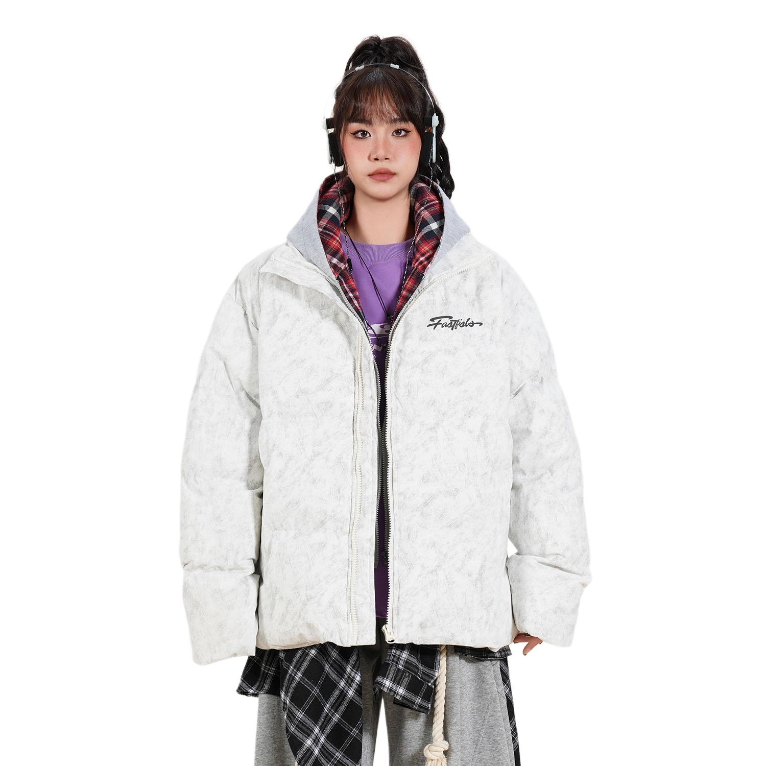 快鱼 美式高街复古百搭穿搭休闲宽松假两件棉服 男女同款 深灰色（红格）