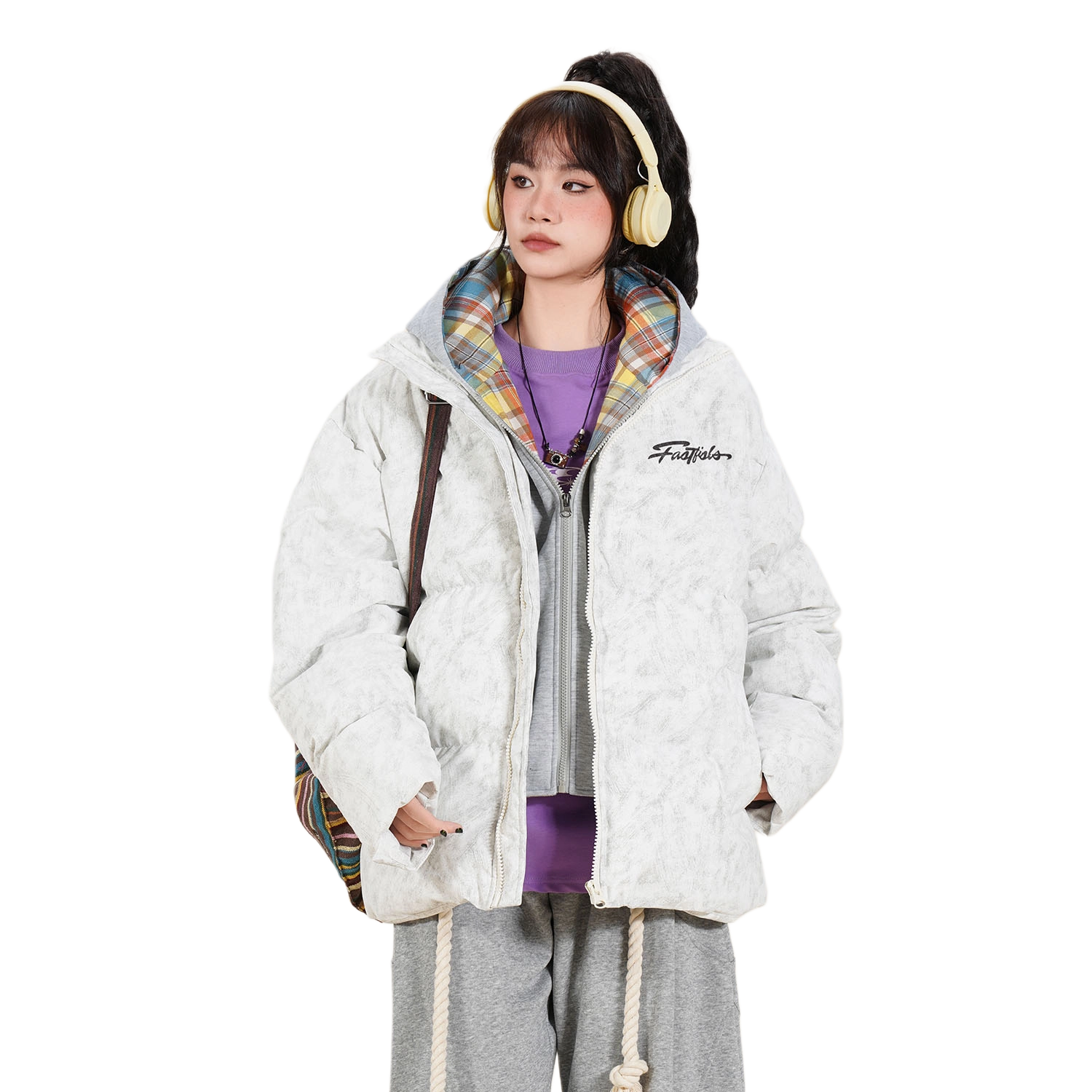 快鱼 美式高街复古百搭穿搭休闲宽松假两件棉服 男女同款 深灰色（红格）