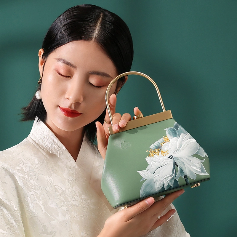 古伊西 碧玉芙蓉 新中式公主包 国风设计刺绣工艺印花 牛皮 手提包 小号 女款 青瓷绿