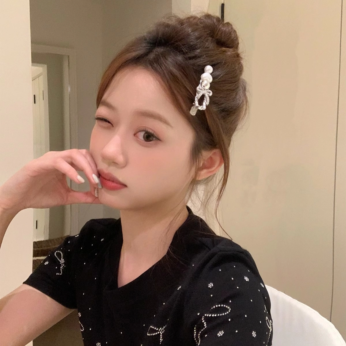 韵系 甜酷蝴蝶结爱心珍珠 铜镀金 发夹 女款