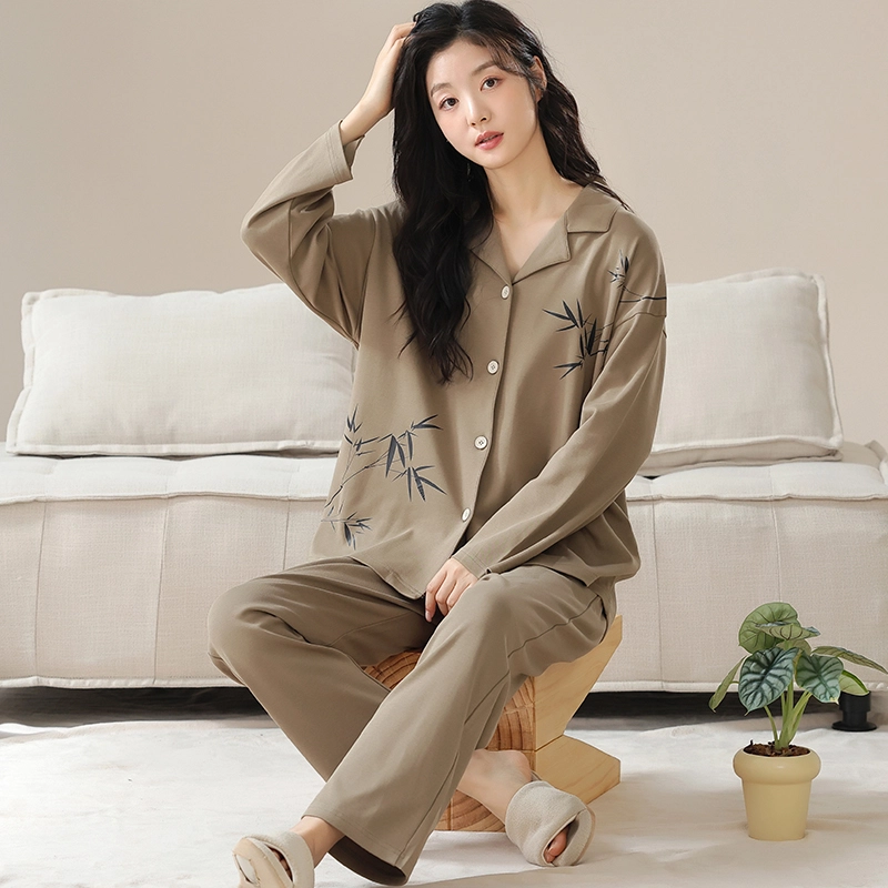 欧迪芬 亲肤舒适开衫翻领长袖长裤纯色休闲甜美优雅大气竹叶图案睡衣套装 女款 白色