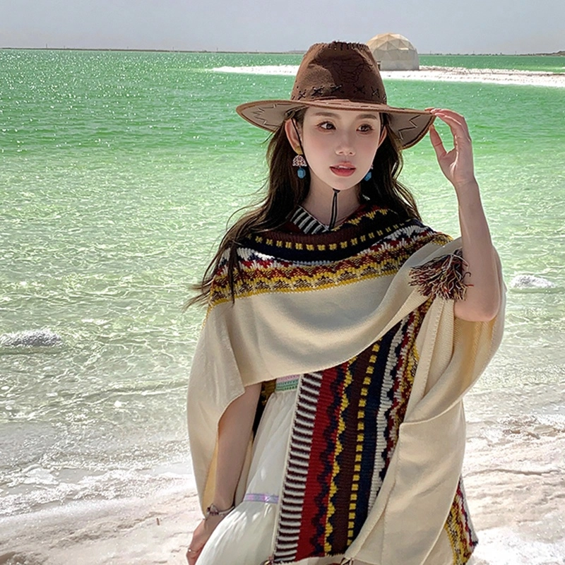 优幽兰 复古民族风仿羊绒旅游加厚保暖秋冬外搭两用御寒 披肩 女款
