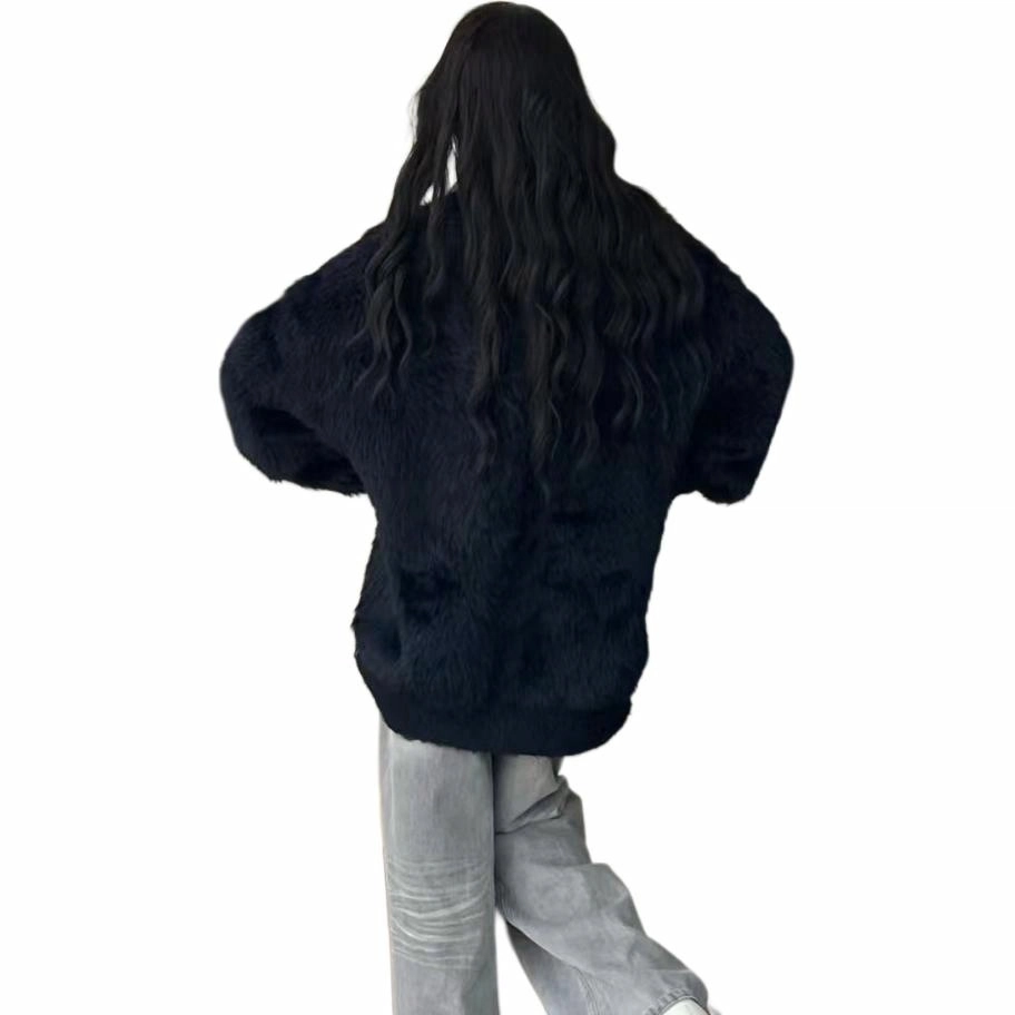 玉儿恋 美式复古蝴蝶提花圆领设计感开衫时尚纯色宽松百搭长袖针织衫 男女同款 黑色