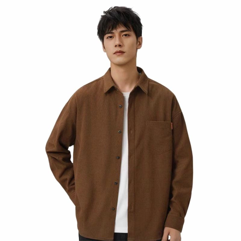 玉儿恋 重磅宽松休闲纯色简约潮流百搭尖领纽扣休闲长袖衬衫 男款