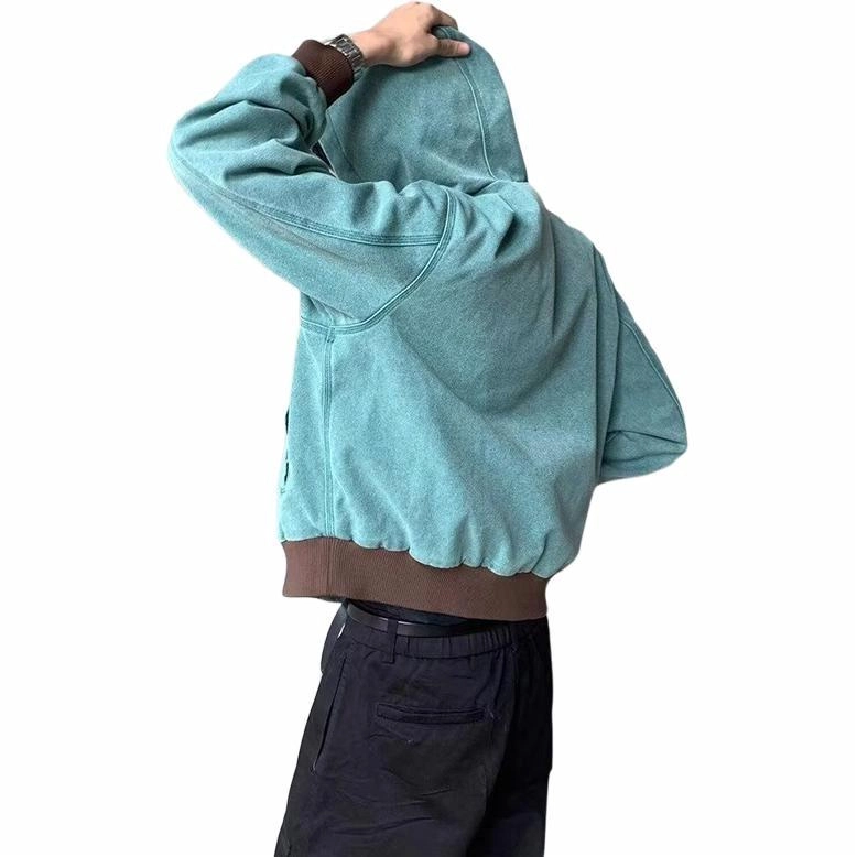 极限涡轮 美式复古水洗连帽开衫舒适做旧卫衣 男女同款 蓝色