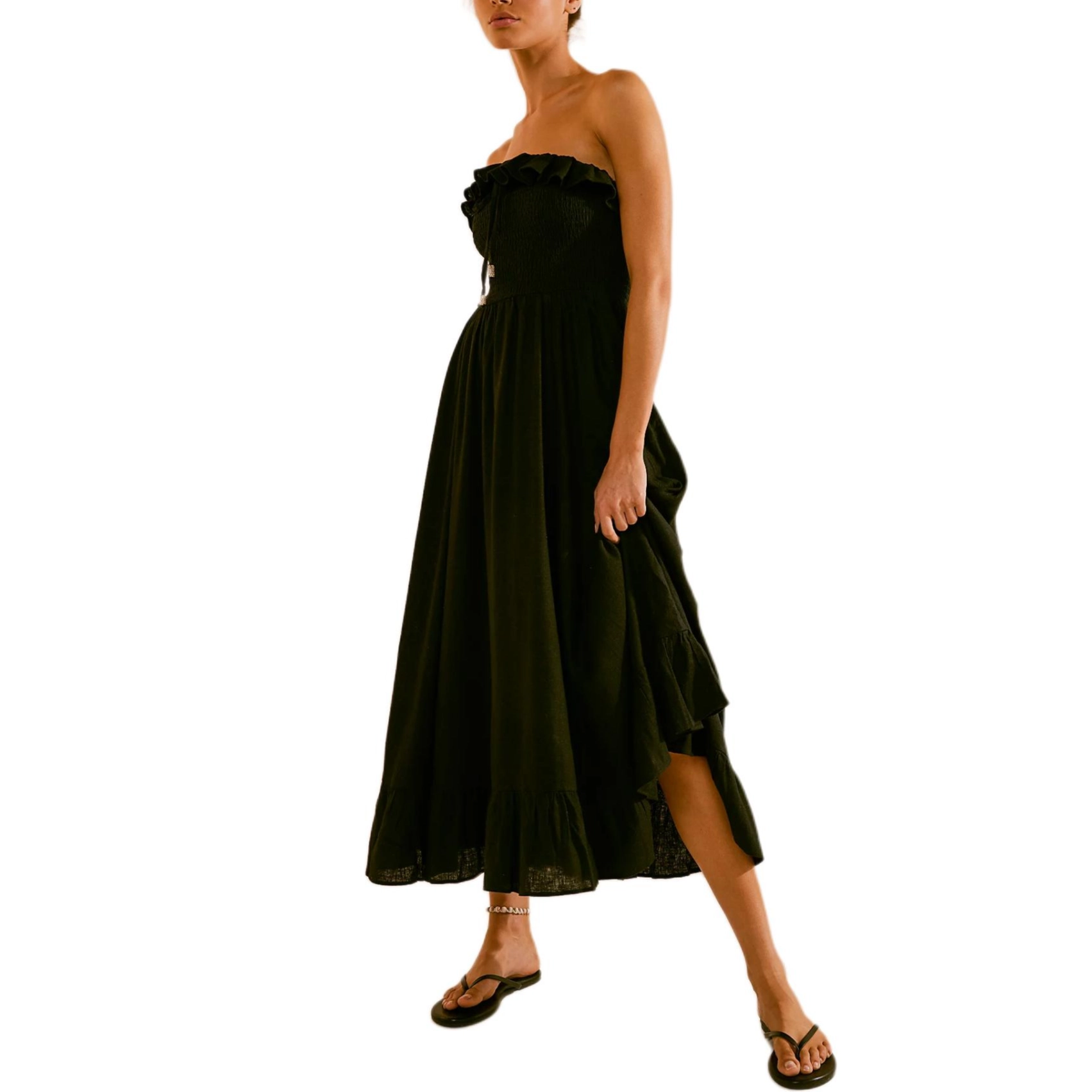 FREE PEOPLE Lush Life Linen Strapless Midi Dress Black