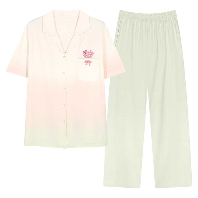 夏芬妍 时尚柔软亲肤爱心渐变色翻领开衫家居服简约休闲舒适短袖长裤可外穿睡衣套装 女款 渐变绿