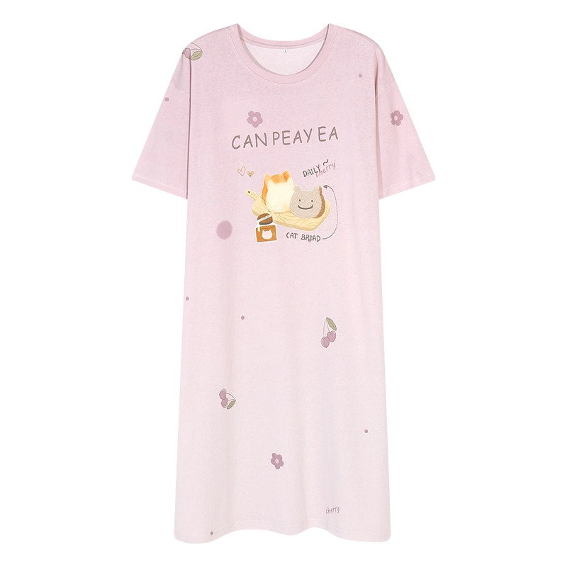 夏芬妍 时尚柔软亲肤面包猫咪圆领家居服简约休闲舒适短袖睡衣可外穿睡裙 女款 浅紫色
